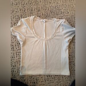 Love Tree Ribbed Short Sleeve Top with Lace Trim - Cream